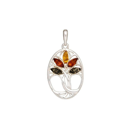 Pendentif arbre de vie avec ambre multicolore, argent rhodié 925, 1+2,5 cm