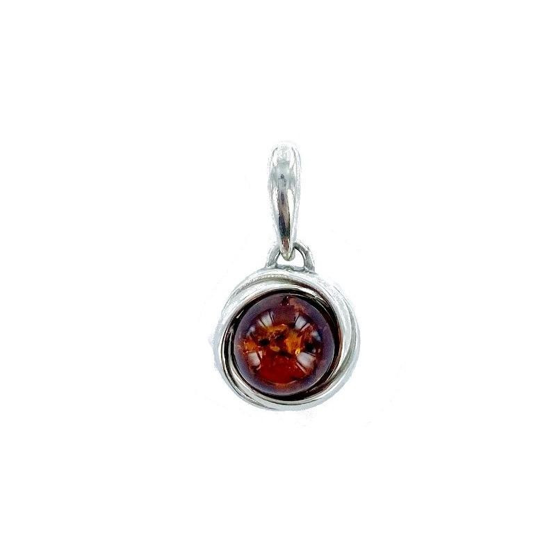 Colgante con ámbar coñac redondo, en plata 925, diámetro 1,4+1,2 cm