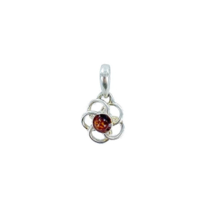 라운드 코냑 앰버 장식의 플라워 펜던트, 925 실버, 높이 1.1+0.8 cm