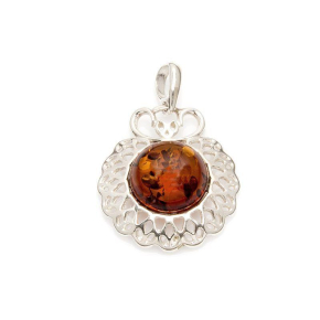 Colgante con ámbar coñac redondo, en plata 925 rodiada, altura 2,4+0,8 cm