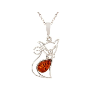 Ciondolo gatto con ambra cognac, in argento 925 rodiato, altezza 2,3+0,8 cm