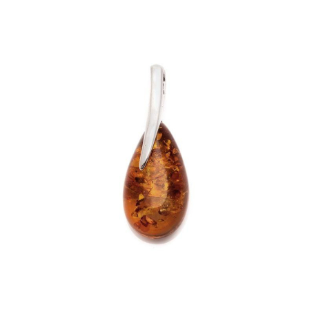Hanger met cognac amber druppel, in 925 gerhodineerd zilver, hoogte 2,5 cm