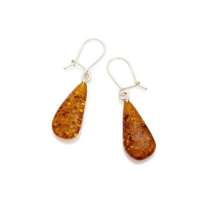 Pendientes con gota de ámbar coñac natural, en plata 925 rodiada
