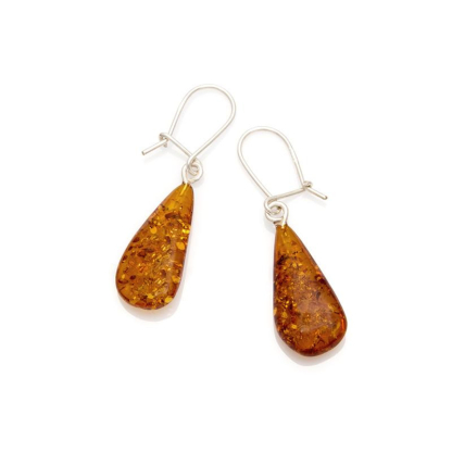 Earrings with natural cognac amber drop, in rhodium silver 925