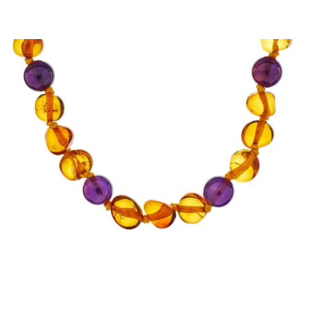 Collier bébé avec ambre et améthyste, fermoir clip, longueur 32 - 33 cm