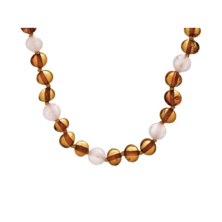 Babyketting met barnsteen en rozenkwarts, clipsluiting, lengte 32 - 33 cm