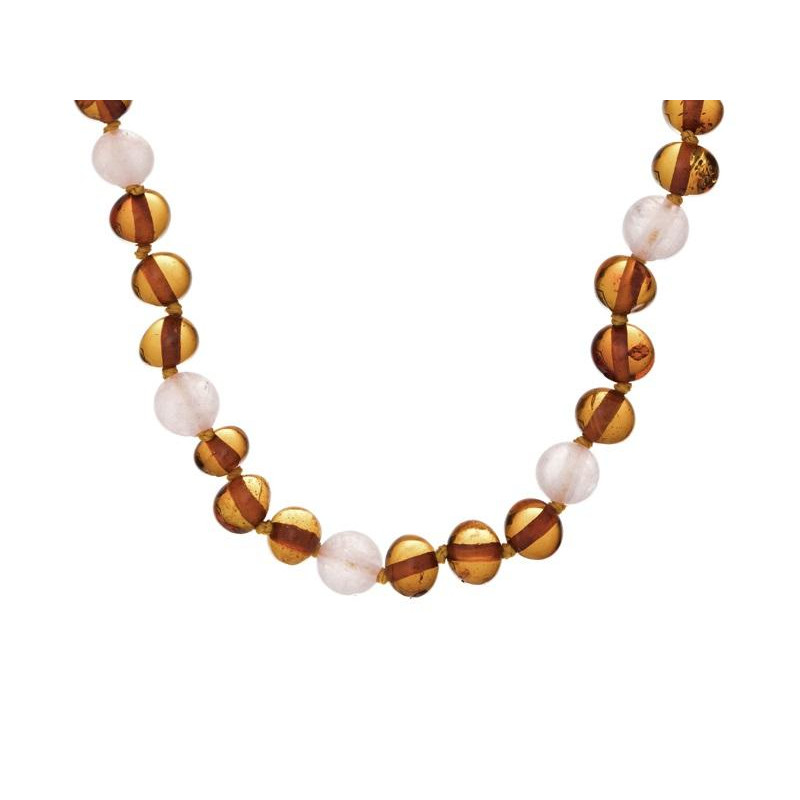 Baby necklace with amber and rose quartz, clip clasp, length 32 - 33 cm