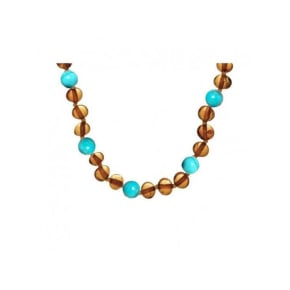 Babyketting met amber en turquoise, clipsluiting, lengte 32 - 33 cm