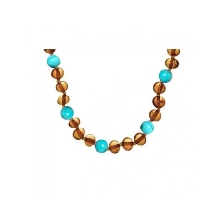 Collier bébé avec ambre et turquoise, fermoir clip, longueur 32 - 33 cm