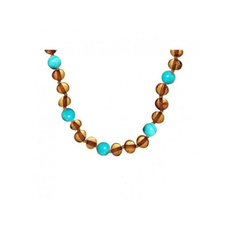 Babyketting met amber en turquoise, clipsluiting, lengte 32 - 33 cm