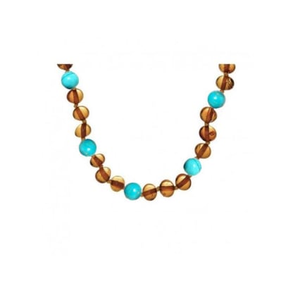 Collar para bebé con ámbar y turquesa, cierre de clip, longitud 32 - 33 cm