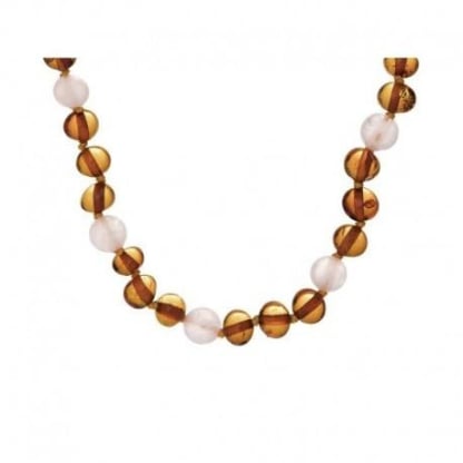 Collier avec ambre et quartz rose, longueur 42 cm