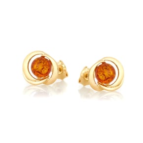 Brincos com âmbar conhaque natural, em prata dourado 925