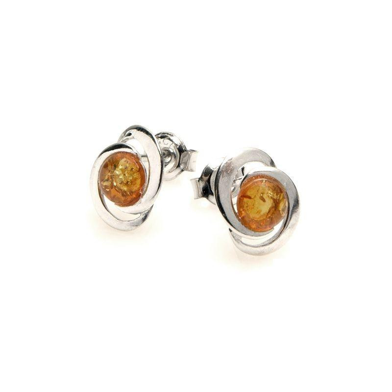 Stud earrings with round Baltic Sea cognac amber, 925 rhodium-plated silver