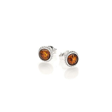 Pendientes con ámbar coñac redondo del Mar Báltico, plata rodiada 925