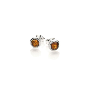 Stud earrings with round Baltic Sea cognac amber, 925 rhodium-plated silver