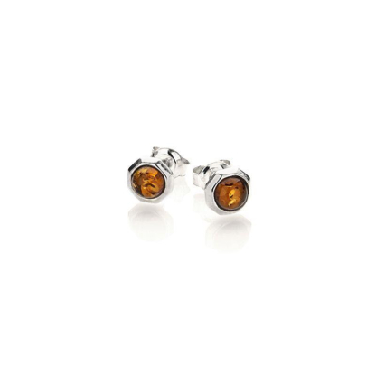 Clous d'oreilles avec ambre cognac de la mer Baltique rond, argent rhodié 925