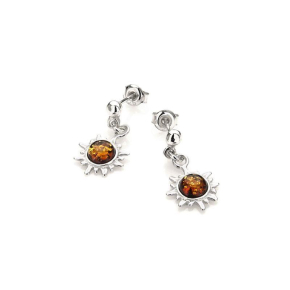 Pendientes colgantes de sol con ámbar coñac, en plata 925 rodiada