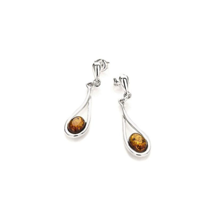 Drop earrings with cognac amber, in 925 rhodium silver