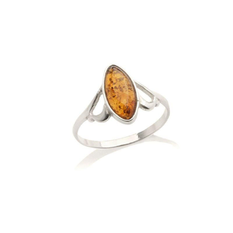 Bague avec ambre cognac de la mer Baltique navette, en argent rhodié 925