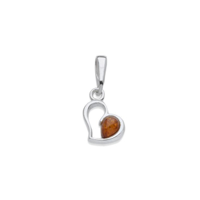 Pendentif coeur avec ambre cognac goutte, en argent rhodié 925, hauteur 1+1 cm