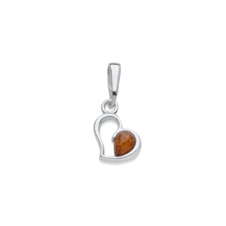 Ciondolo cuore con goccia d'ambra cognac, in argento 925 rodiato, altezza 1+1 cm