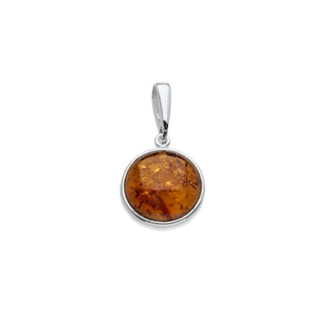 Pendentif rond avec ambre cognac naturel, en argent rhodié 925, hauteur 1+1,3 cm