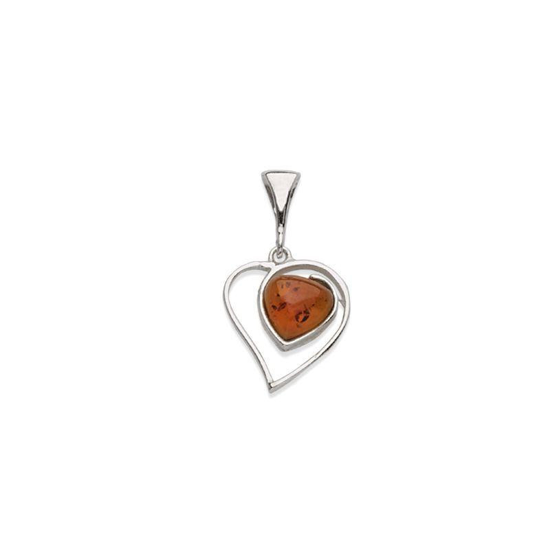 Heart pendant with natural cognac amber, in 925 rhodium silver, height 1+1.7 cm