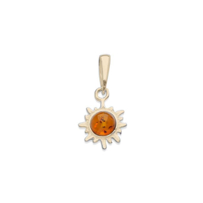 Pendentif soleil avec ambre cognac rond, en argent doré 925, hauteur 1+1,5 cm