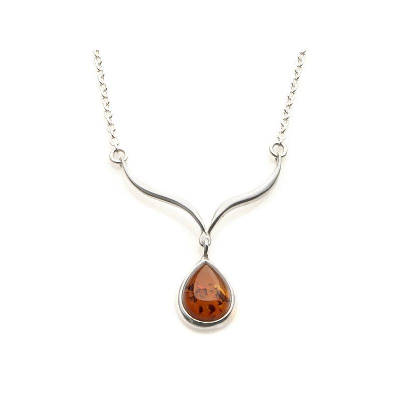 Collier avec ambre cognac goutte, en argent rhodié 925