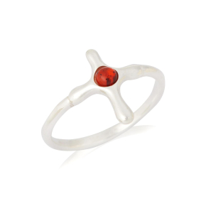 Cross ring with round natural cognac amber, in 925 rhodium silver