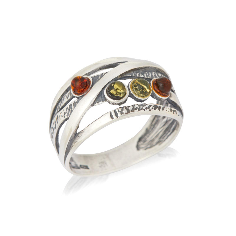 Bague avec ambre multicolore de la mer Baltique rond, en argent vieilli 925
