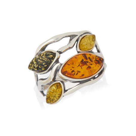 Ring with multi-colored Baltic amber navette, in 925 rhodium silver