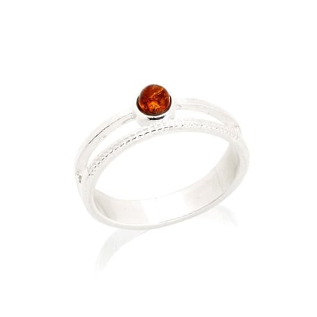 Anello con ambra cognac naturale del Mar Baltico rotonda, realizzata in argento 925 rodiato