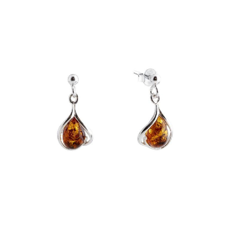 Boucles d'oreilles avec ambre cognac naturel, en argent rhodié 925