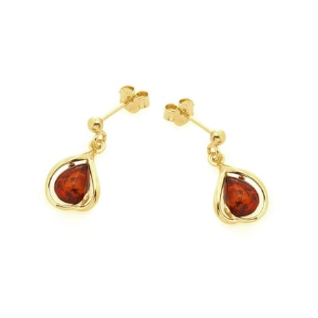 Brincos com âmbar conhaque natural, em prata dourado 925