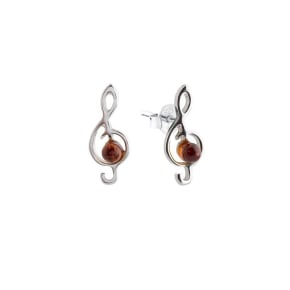 Orecchini a bottone con ambra naturale cognac, in argento 925 rodiato