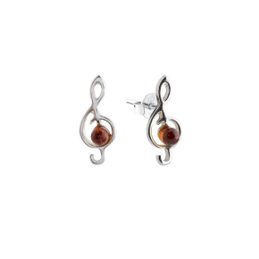 Stud earrings with natural cognac amber, in 925 rhodium silver
