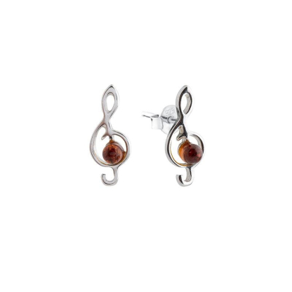 Clous d'oreilles avec ambre cognac naturel, en argent rhodié 925