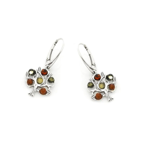 Boucles d'oreilles arbre de vie avec ambre multicolore, en argent rhodié 925