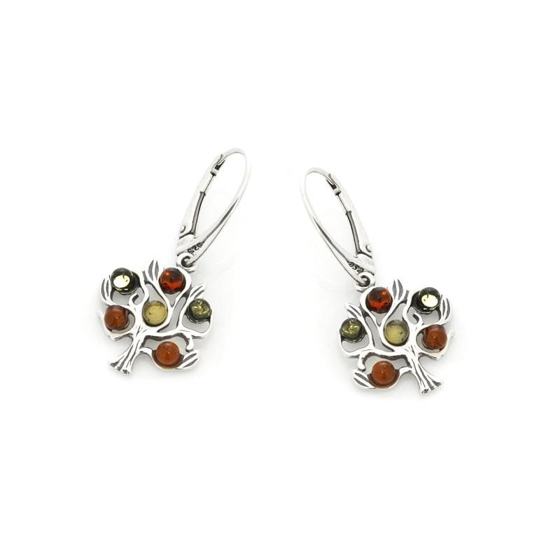 Tree of life earrings with multi-colored amber, in 925 rhodium silver