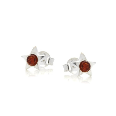 Pendientes de estrella con ámbar coñac natural, en plata 925 rodiada
