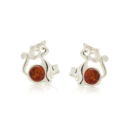 Cat stud earrings with natural cognac amber, in 925 rhodium silver