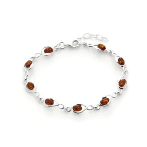 Bracelet avec ambre cognac ovale, en argent rhodié 925, longueur 18+3 cm