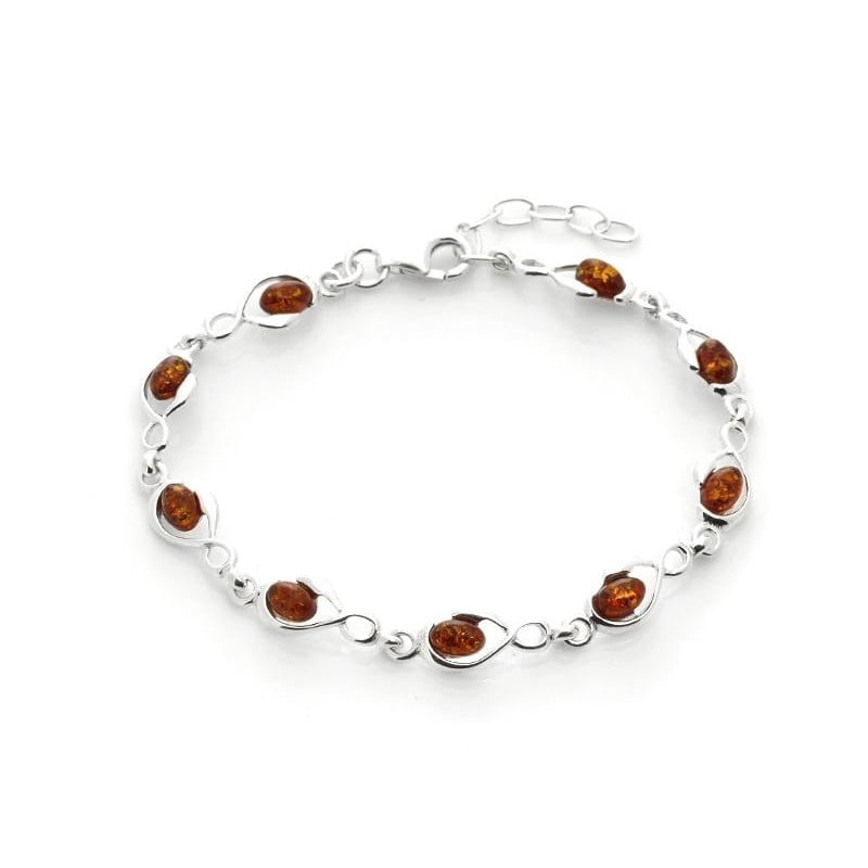 Oval konyak kehribarlı, 925 rodyum kaplama gümüş bileklik, uzunluk 18+3 cm