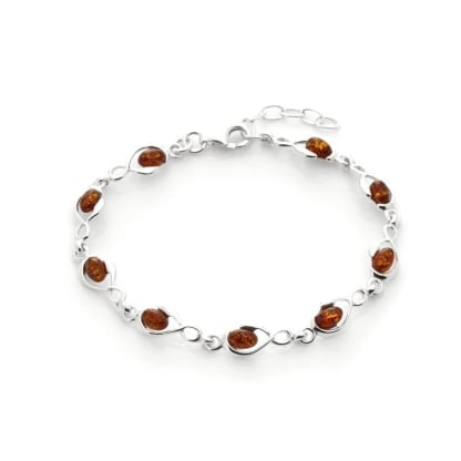 Oval konyak kehribarlı, 925 rodyum kaplama gümüş bileklik, uzunluk 18+3 cm