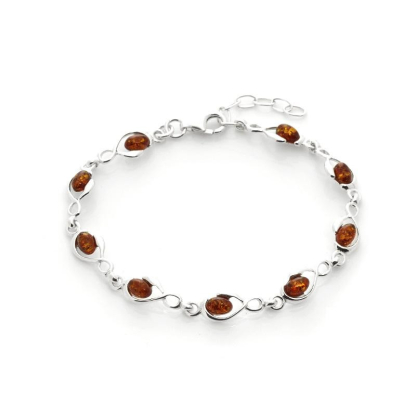 Pulseira com âmbar conhaque oval, em prata 925 banhada a ródio, comprimento 18+3 cm