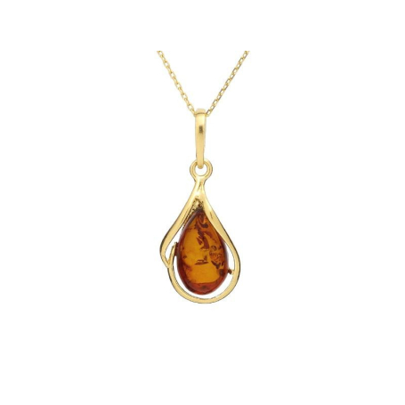 Colgante con gota de ámbar coñac, en plata dorado 925, altura 2+1 cm