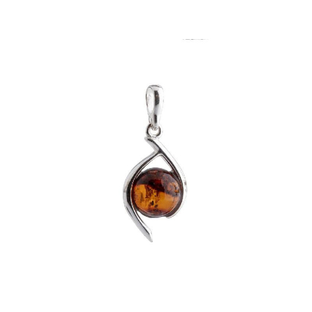 Pendant with round cognac amber, in 925 rhodium silver, height 2+1 cm