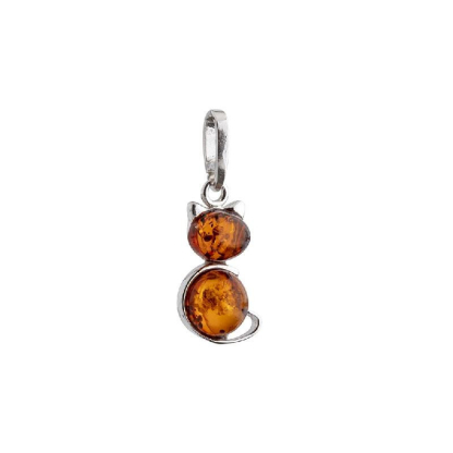 Pendentif chat avec ambre cognac rond, en argent rhodié 925, hauteur 1,7+1 cm